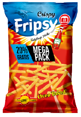 Fripsy Ketchup Sticks Mega Pack 120 g – knusprige Sticks mit würzigem Ketchupgeschmack, ideal für Snackautomaten, Kioske und den internationalen Snackgroßhandel.